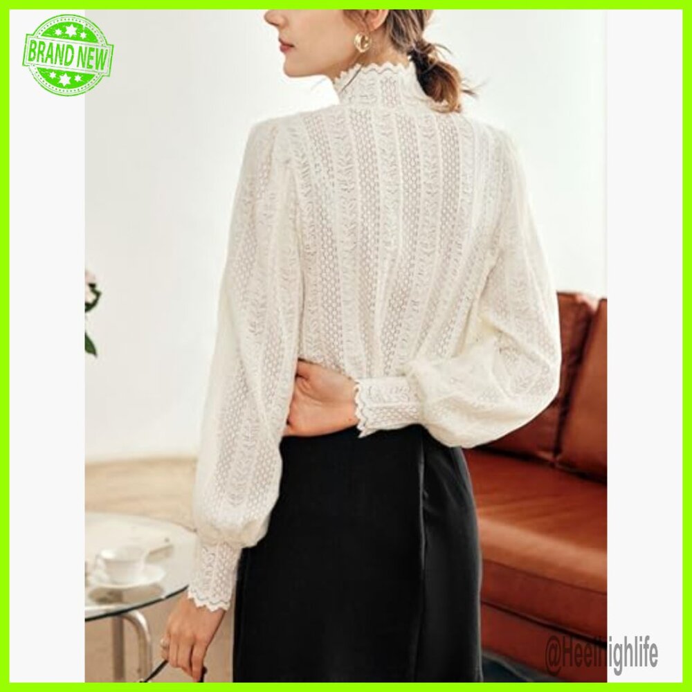 Victorian Lace Mock Neck Puff Sleeve Blouse Semi Sheer Floral Elegant Top - Picture 5 of 7